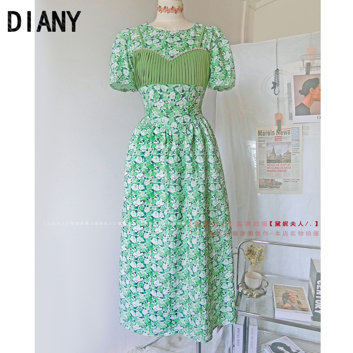 清！合集浮力夏季绿色雪纺碎花连衣裙小个子中长款气质收腰显瘦女