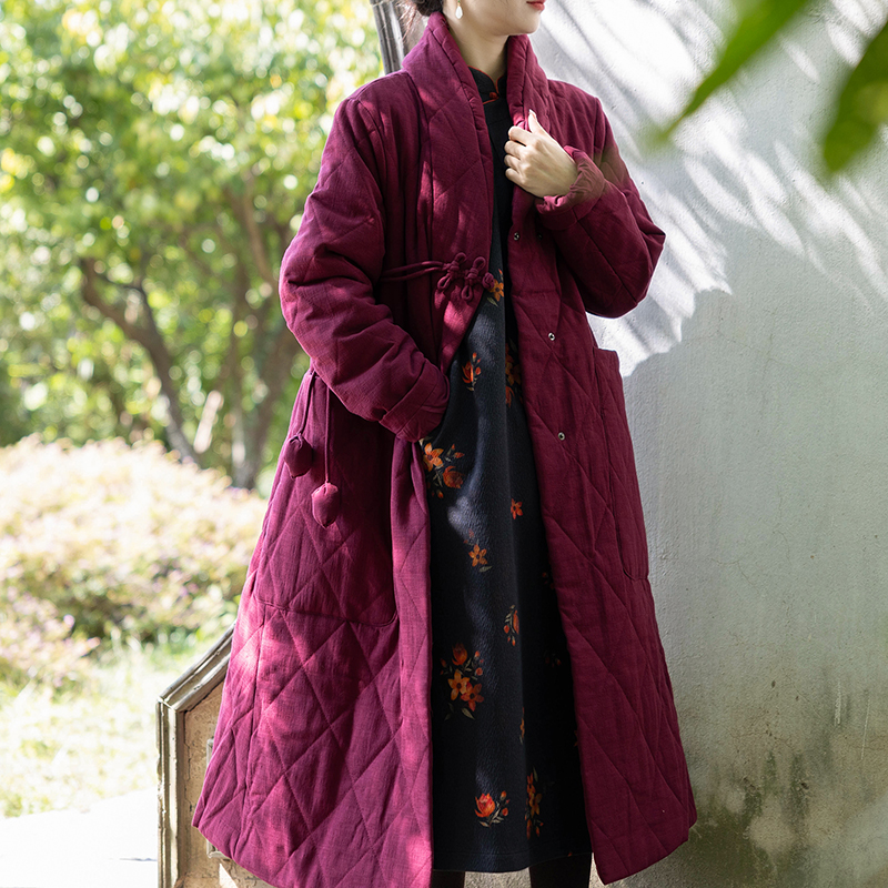 念江南菱形格立领棉服大衣亚麻设计感复古宽松加厚中长款棉衣外套