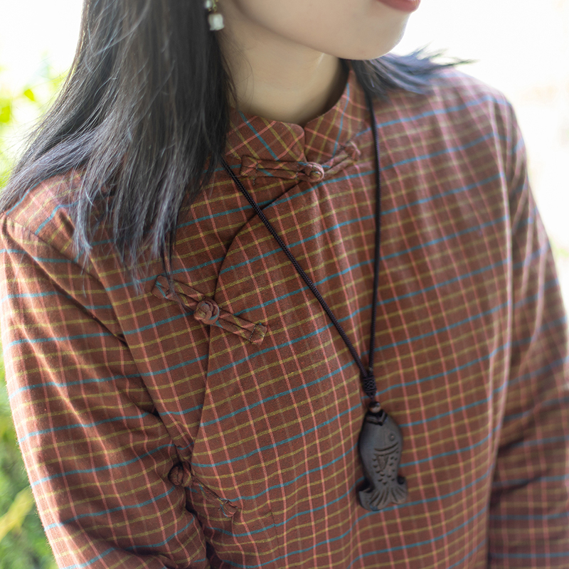 念江南复古加厚格子秋冬改良旗袍女盘扣夹棉新中式中长款袍子棉袄