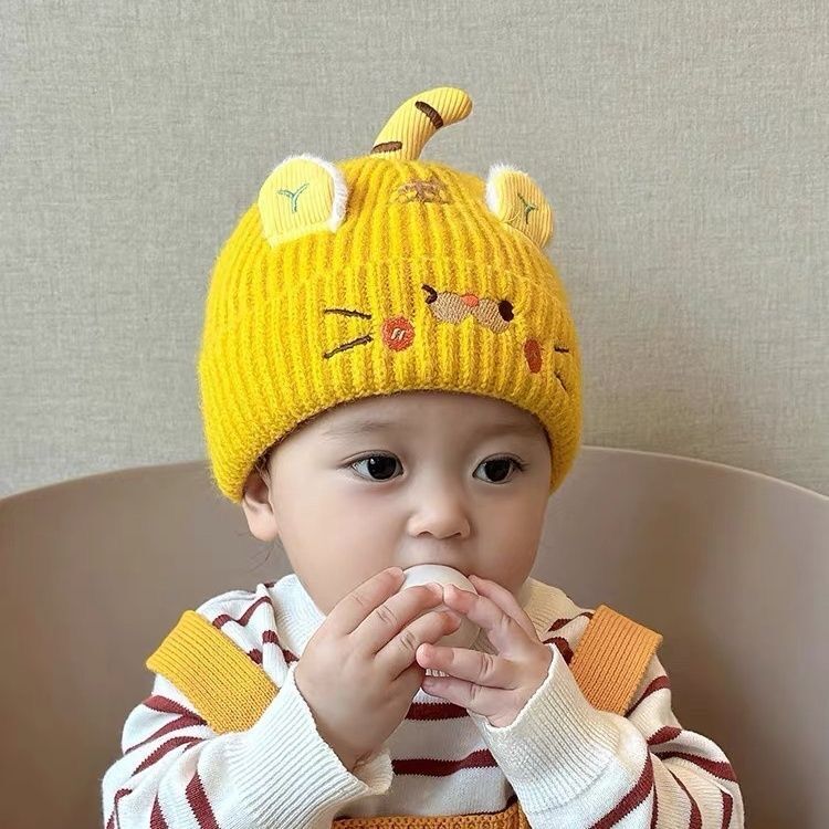 新款老虎宝宝毛线帽秋冬季可爱超萌男童婴儿套头帽女童保暖护耳冬
