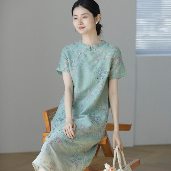 【拾光】绿色刺绣夏季高端纯苎麻双层改良旗袍复古国风优雅连衣裙