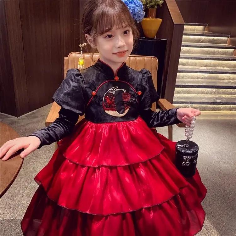 女童公主裙冬装2023新款儿童中国风礼服新年裙女孩加绒网纱连衣裙