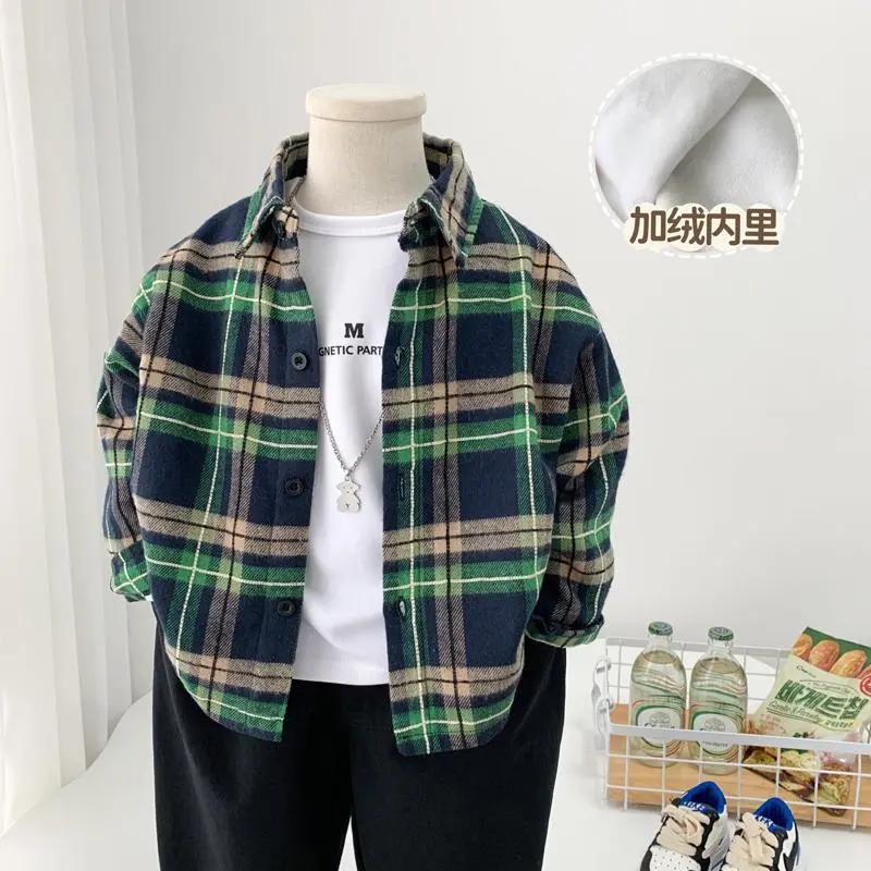 男童加绒衬衫秋冬装2023新款儿童春秋洋气格子衬衣中小童帅气上衣