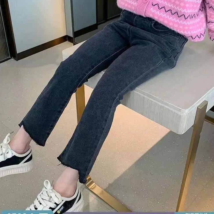 女童裤子冬季款2023新款儿童喇叭牛仔裤弹力百搭黑色修身裤子外穿