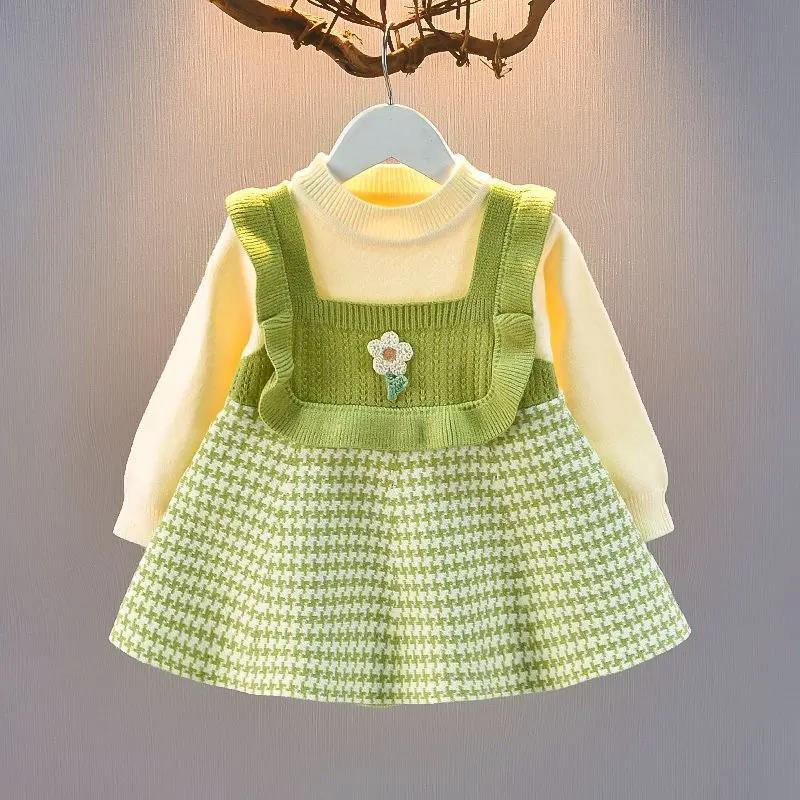 连衣裙女童圆领毛衣背带裙秋装新款针织衫格子假两件宝宝长袖短裙