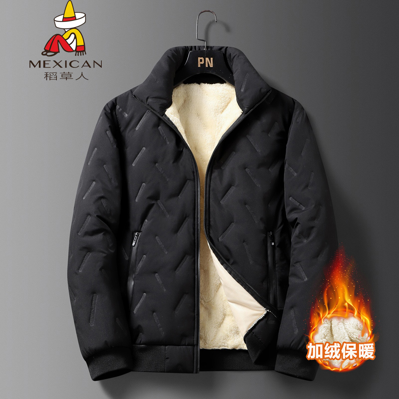 稻草人秋冬男士羊羔绒棉衣大码加绒加厚休闲轻便男士棉服外套男