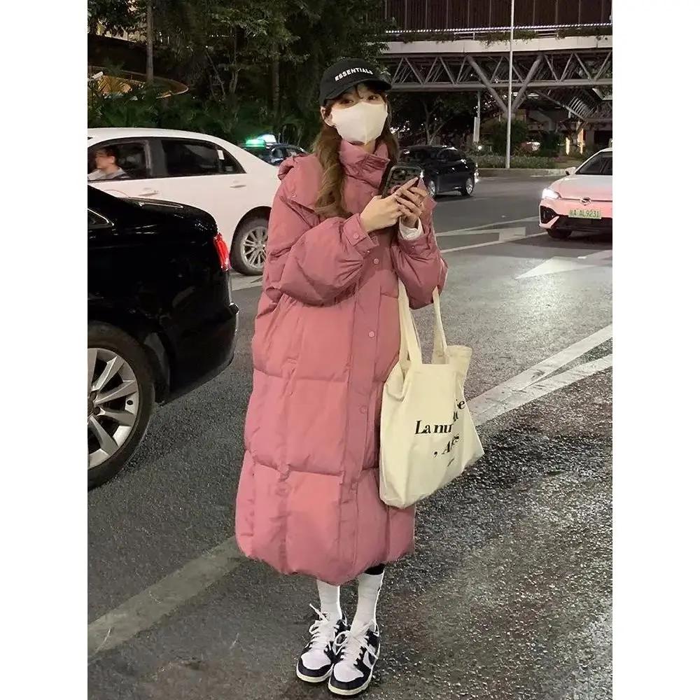 树莓粉泡芙长款棉衣女宽保暖时尚过膝款显瘦羽绒服外套秋冬收腰