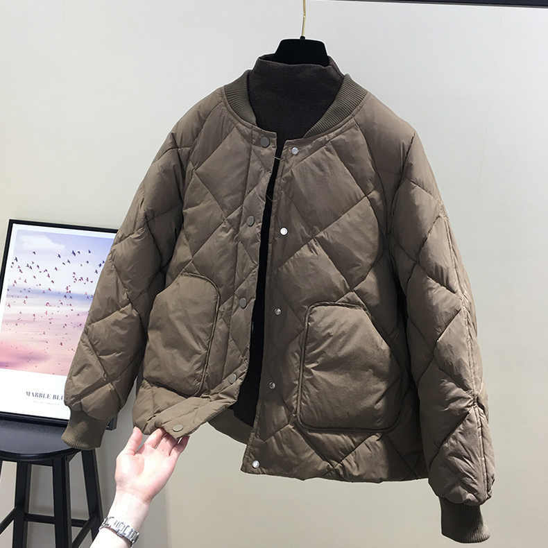 秋冬立领菱形格轻薄羽绒服女冬装2023新款时尚洋气棒球服外套款