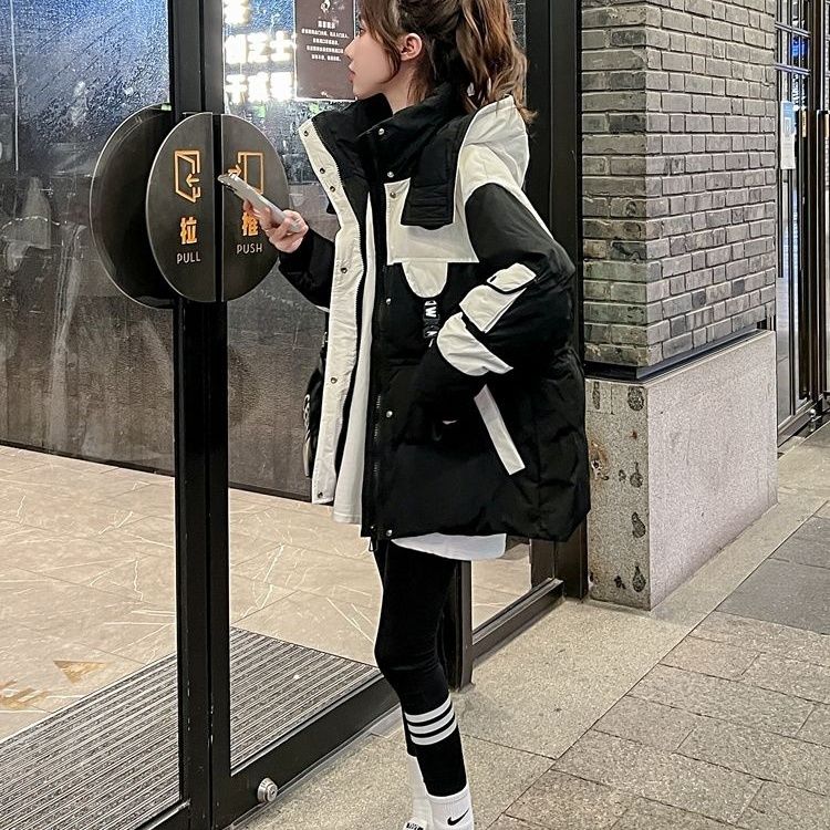 黑色中长款派克羽绒服女2023冬季新款小个子宽松显瘦连帽棉衣潮