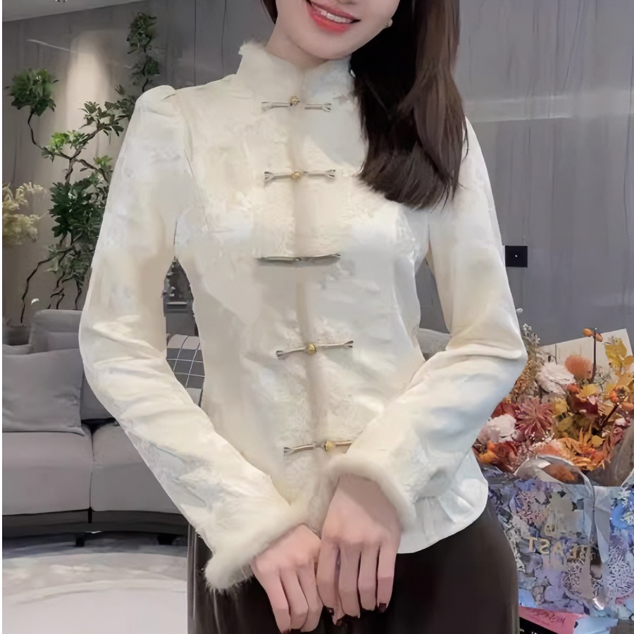 新中式国风立领盘扣毛绒拼接长袖衬衫女装冬季高级感气质显瘦上衣
