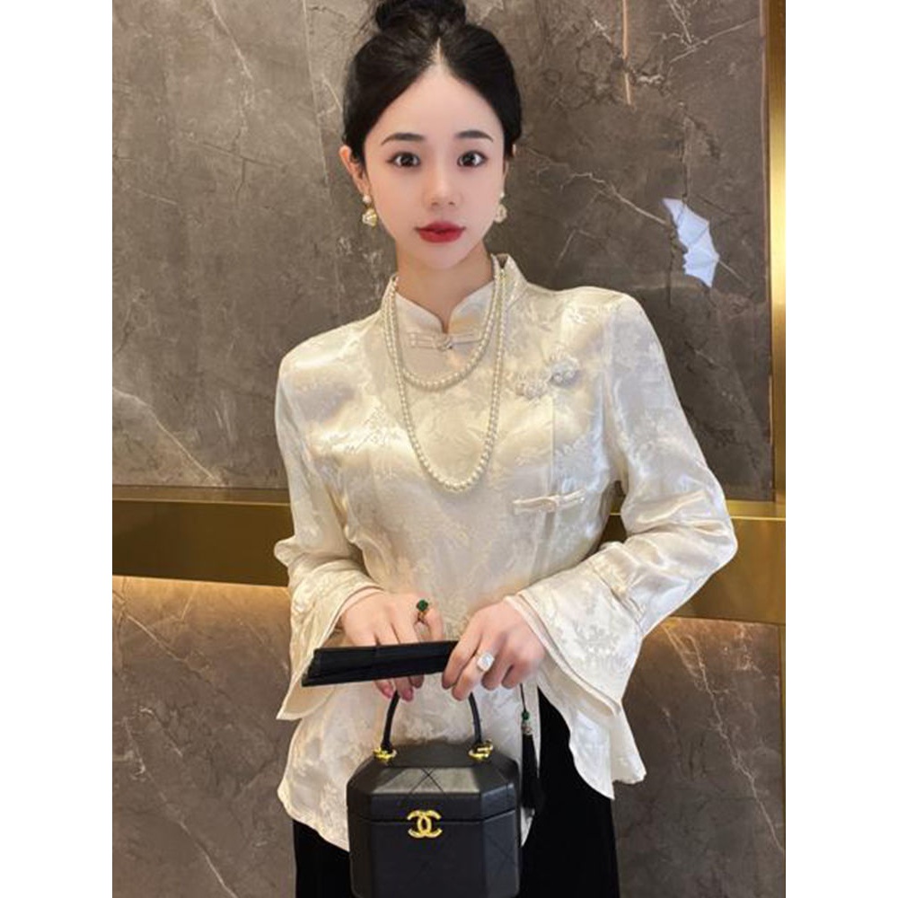 新中式女装2023春装新款上衣高级感国风复古盘扣小衫白色提花衬衫