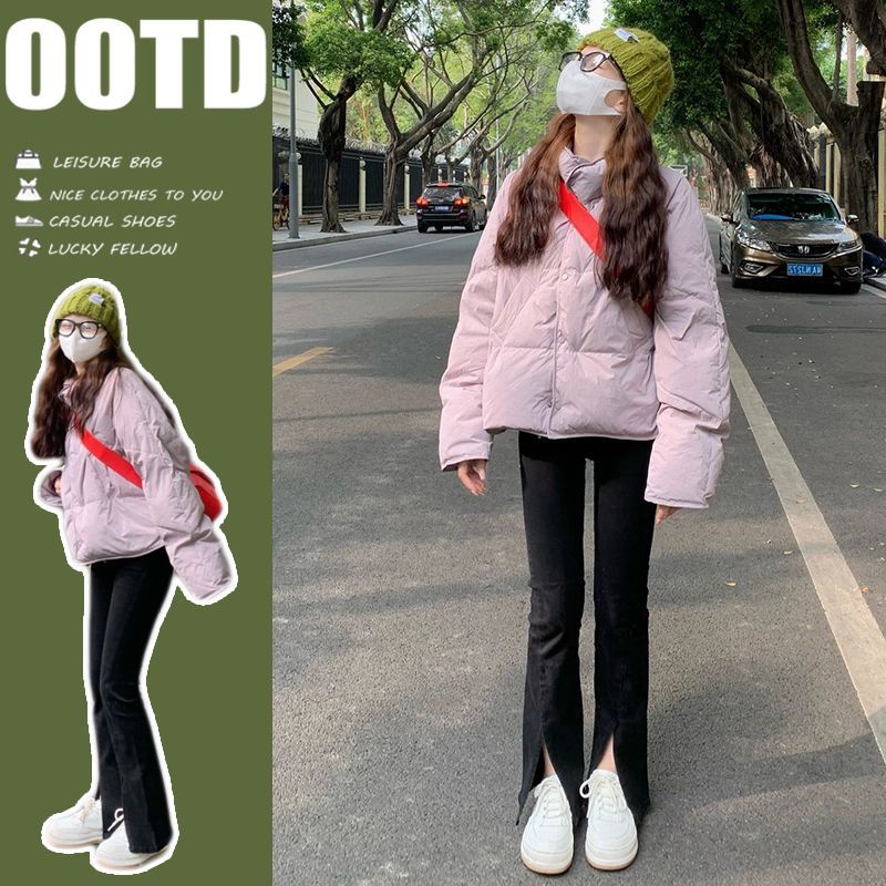 冬季加厚短款羽绒时尚软糯风女学生面包服香芋紫宽松立领款