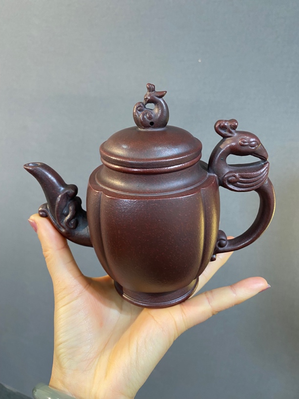 下单后联系客服选礼品 宜兴原矿紫紫砂铁血红砂双凤宫灯300毫升