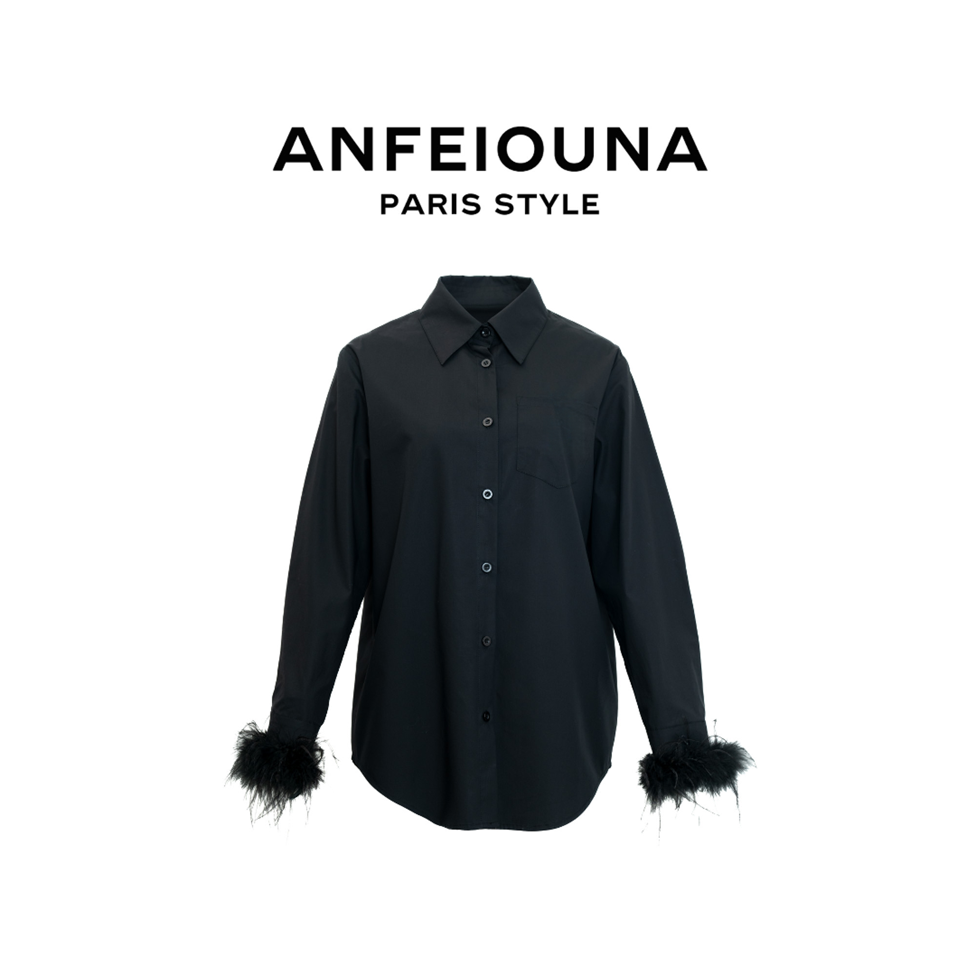 2024新款三角标图案拼接鸵鸟毛休闲百搭长袖衬衫上衣1200