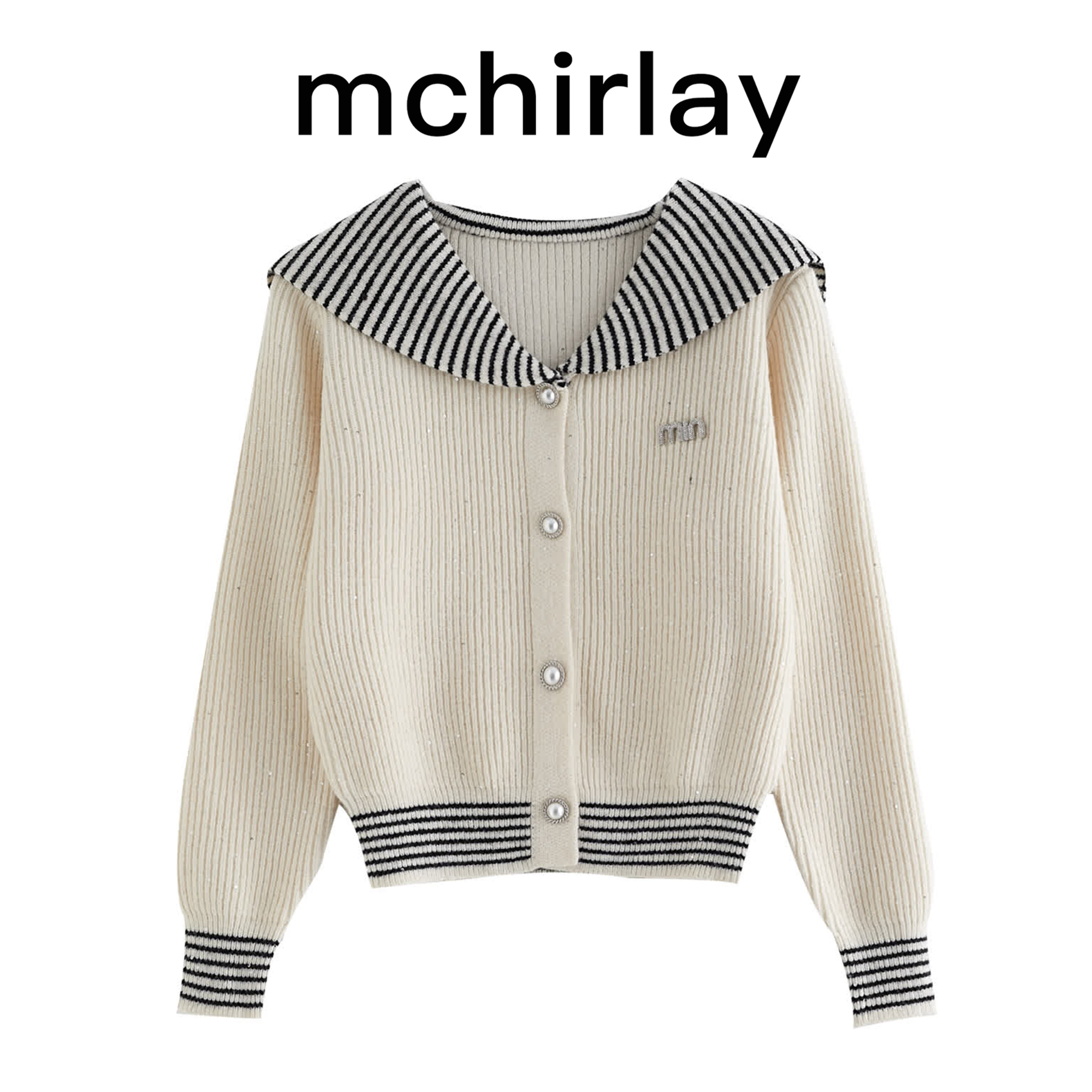 mchirlay/米时兰M528海军条纹领字母纯色V领珍珠扣针织毛衣KS749