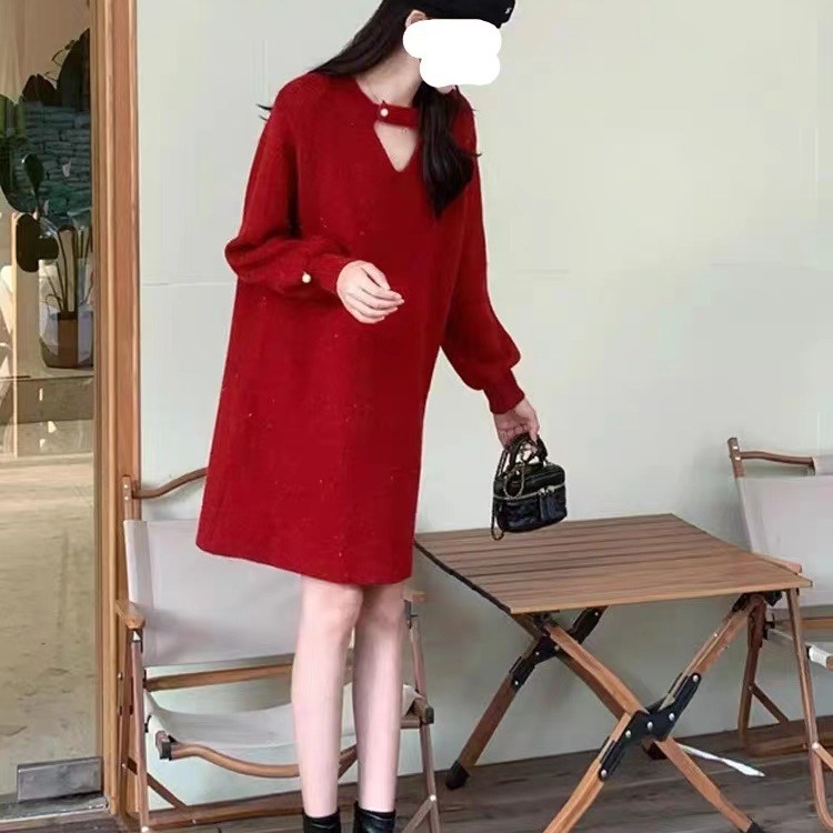 大码女装秋冬内搭针织毛衣连衣裙加金丝宽松显瘦中长款打底裙子