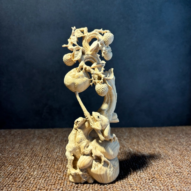 小叶黄杨木蛙趣花鸟题材造型意境木雕工艺品收藏装饰送礼