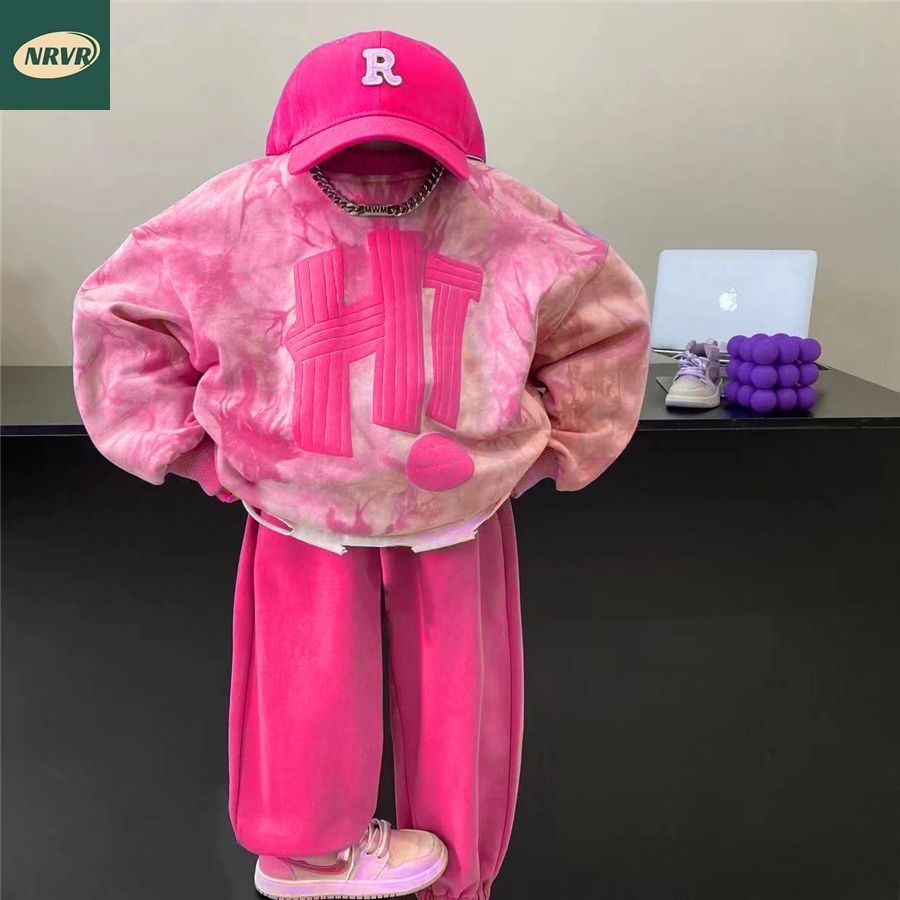 优选NRVR儿童秋季套装潮酷女童不规则扎染印花宽松上衣卫衣休闲裤