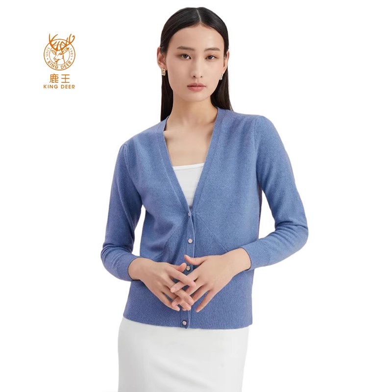 鹿王羊绒开衫女士V领长袖时尚百搭保暖 春秋冬新款休闲针织外套穿