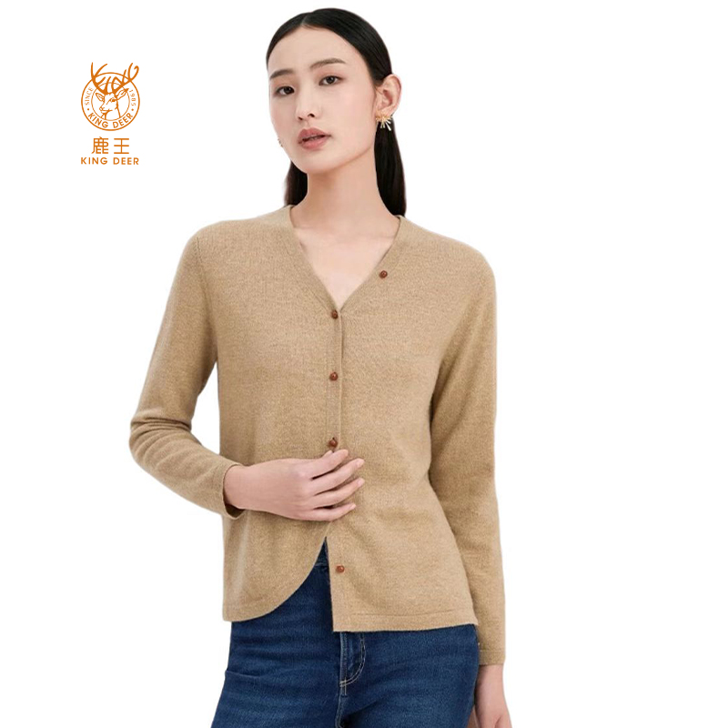 秋冬季新款鹿王女士开衫V领单排扣 纯色百搭针织山羊绒外套