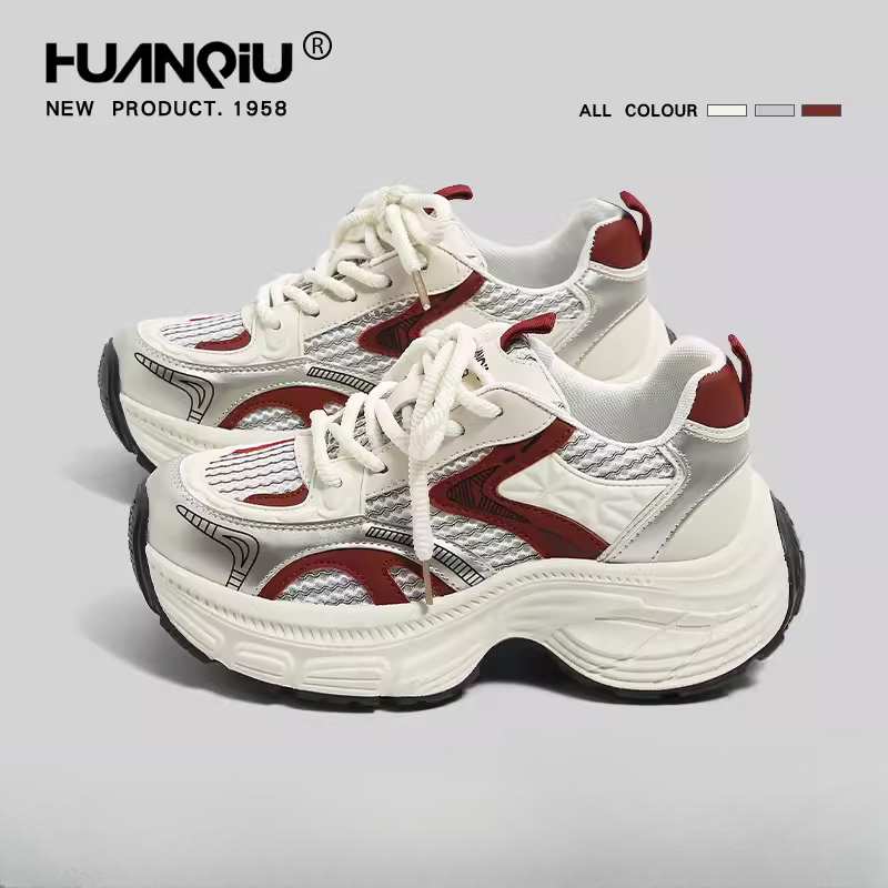 环球酒红色透气女款女2025年新款网红厚底秋季女春秋时尚潮流