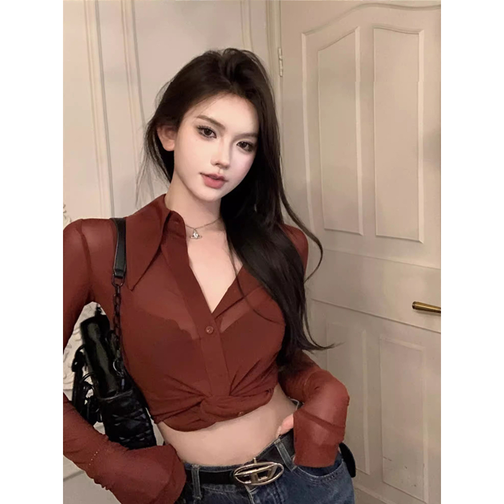性感辣妹POLO领薄纱长袖衬衫女早秋新款修身显瘦短款辣妹气质上衣