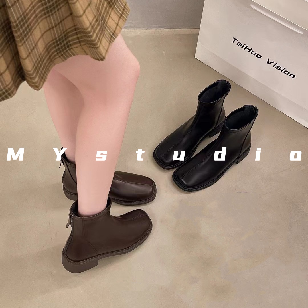 Studio｜MY韩系小气质法式方头复古百搭粗跟秋冬马丁靴瘦瘦弹力靴