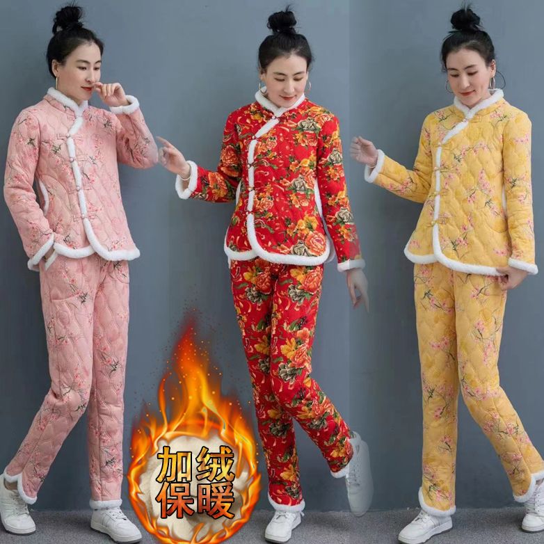 东北大花2023新款女式加棉袄棉裤两件套装唐装民族风妈妈花棉衣