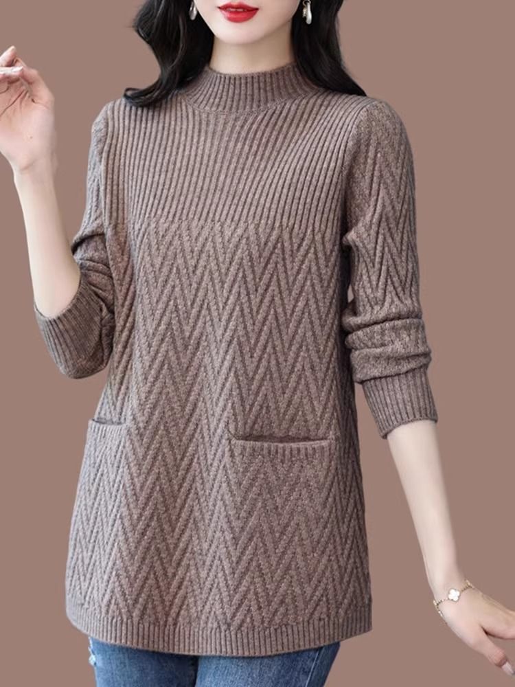 百搭提花中长款毛衣女新款秋冬季加厚妈妈装大码半高领针织打底衫
