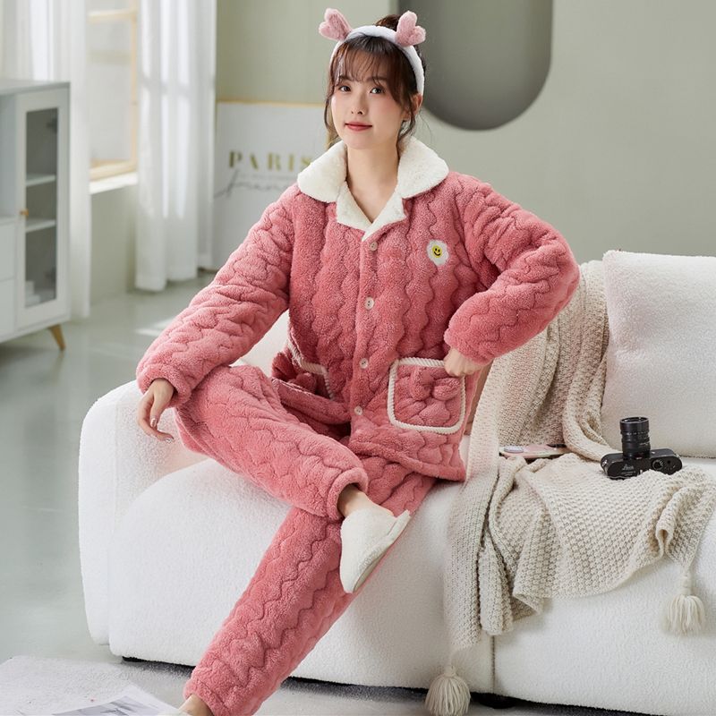 法兰三层夹棉加厚睡衣女冬季加珊瑚可爱冬天棉袄家居服套装
