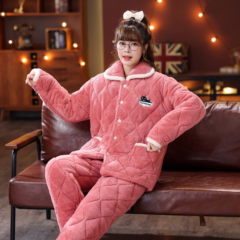 冬天睡衣女秋冬三层加厚夹棉长裤睡衣保暖棉袄加加厚家居服套装