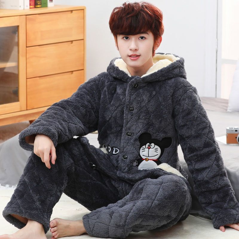青少年初中生冬夹棉袄睡衣男孩学生加保暖珊瑚三层加厚家居服