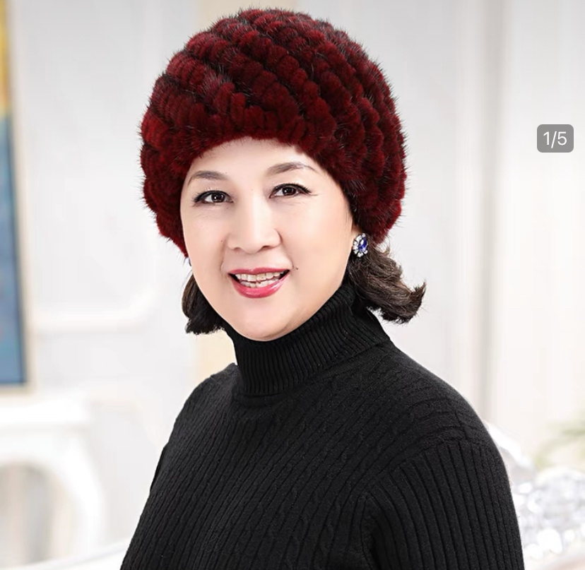 水貂帽子女士编织菠萝帽中老年冬季保暖护耳加厚老年人