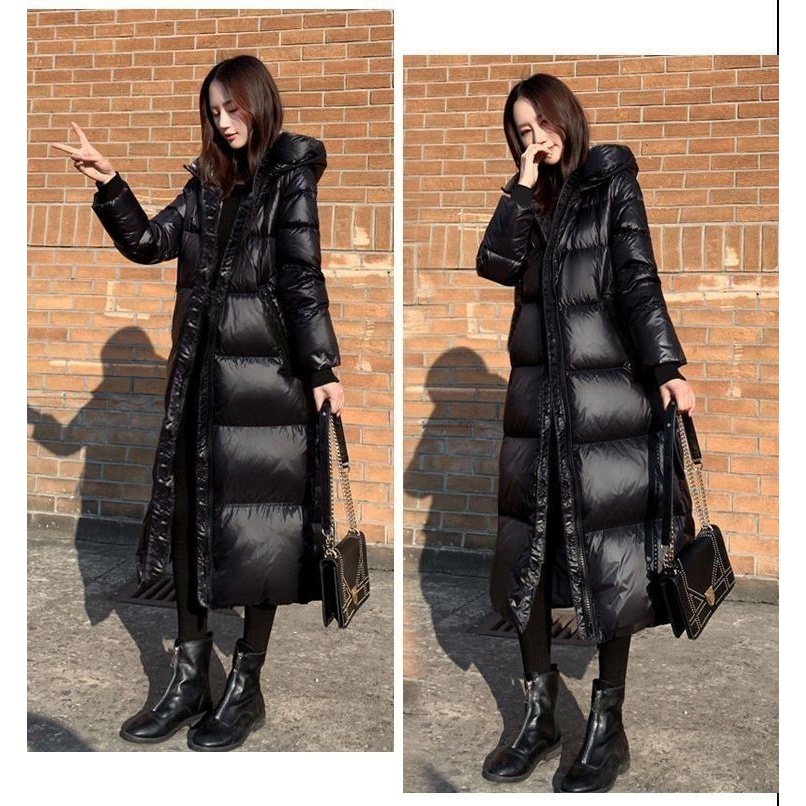 波司澄羽绒服新款爆款黑色韩版长款亮面衣女士女款加厚修身袄