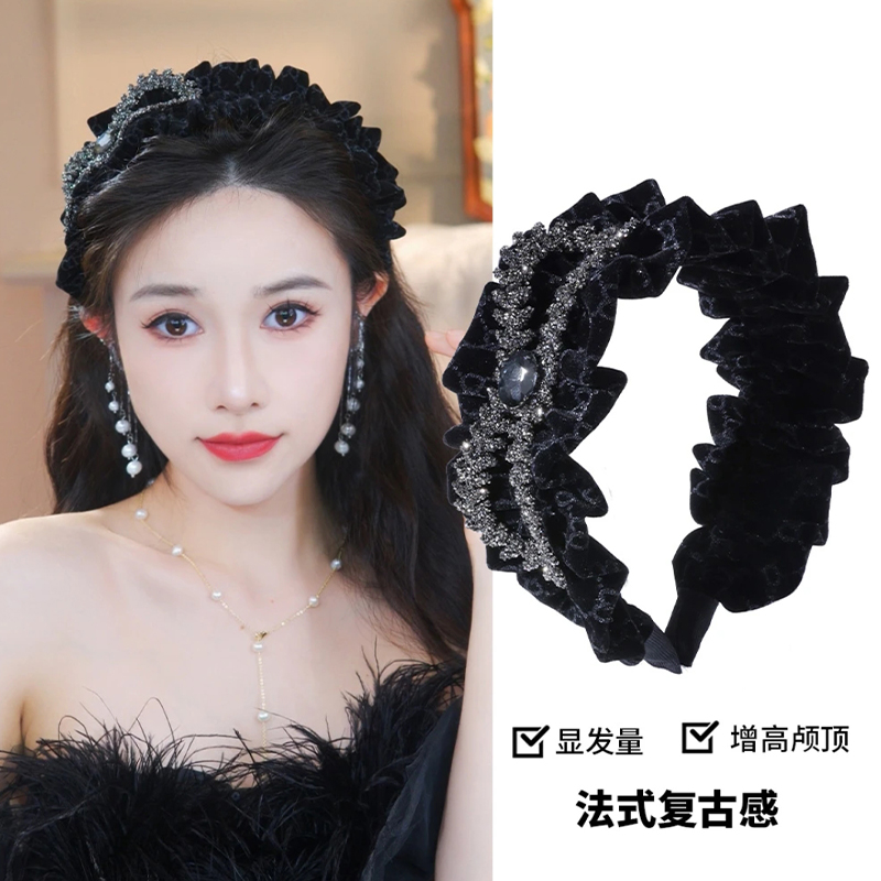 高级感精致丝绒水钻蝴蝶结发箍女新款宽边高颅顶压发头箍洗脸发卡