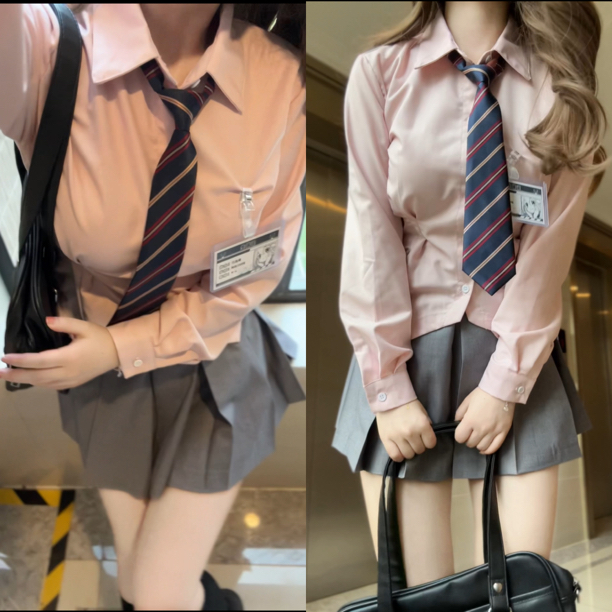 川岛琦粉色收腰衬衫套装+灰色箱褶裙