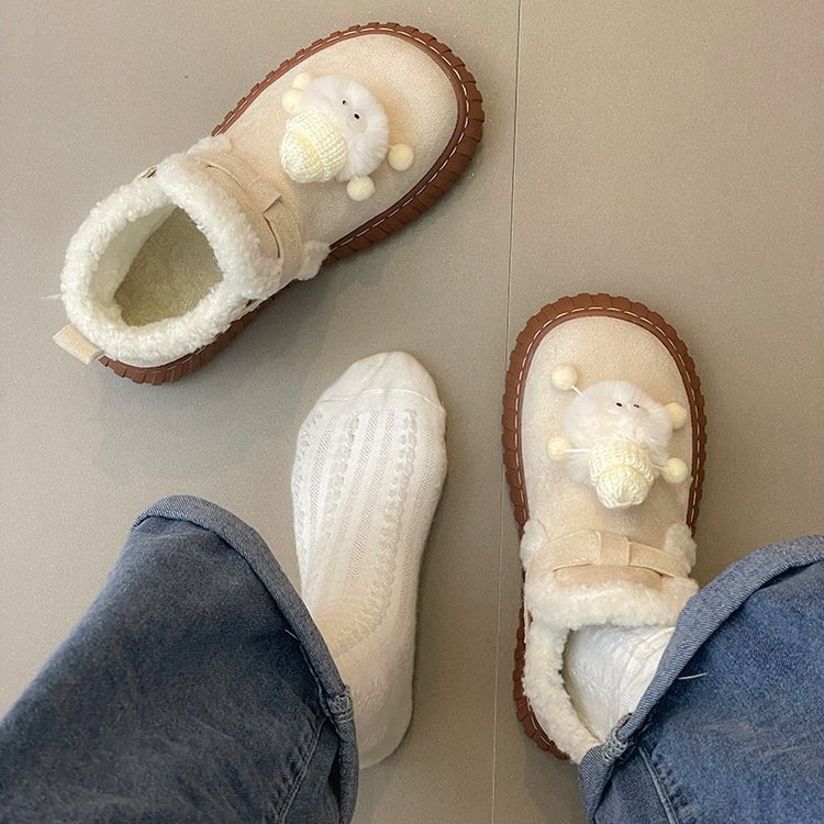 人造短毛绒低跟冬季短筒圆头靴子绒面套筒橡胶