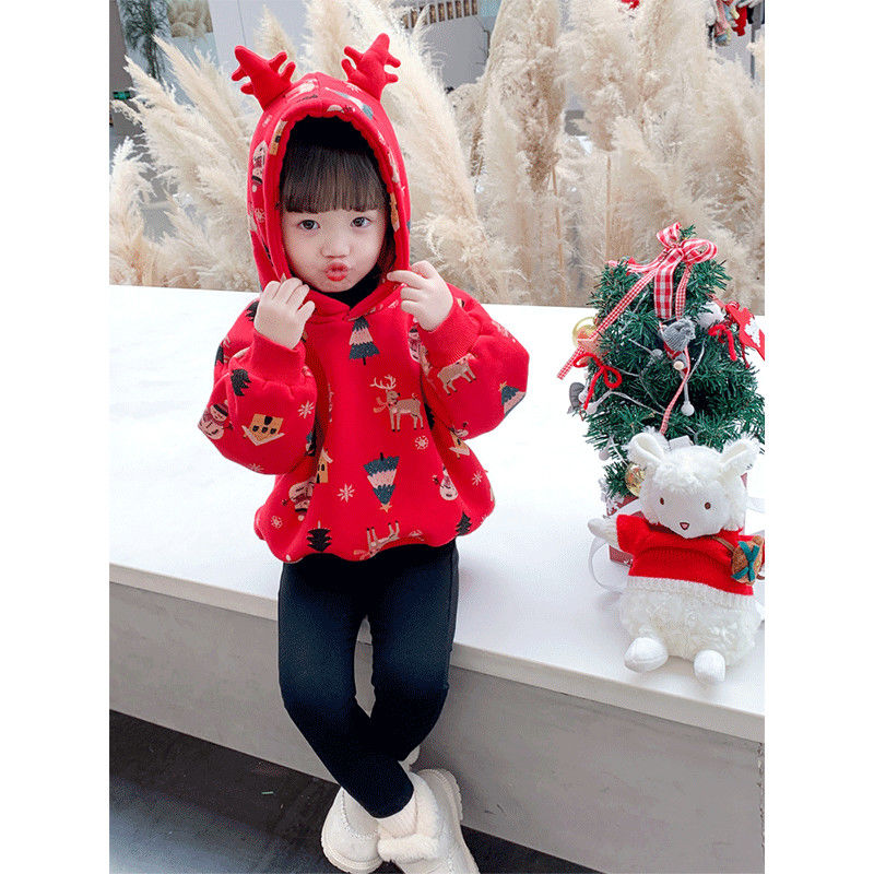 女童加绒卫衣秋冬装2023新款韩版洋气加厚网红宽松连帽圣诞上衣潮
