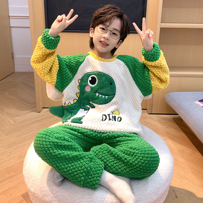 儿童珊瑚绒睡衣加厚冬款男孩秋冬季加绒套装法兰绒男童家居服大童