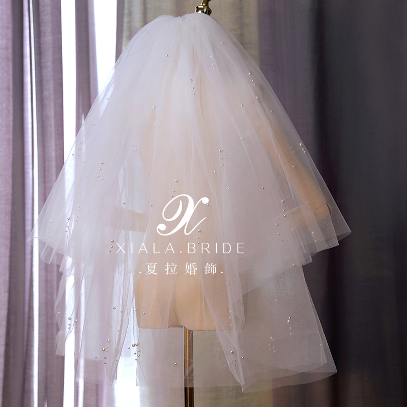 夏拉新款日韩蓬蓬甜美减龄新娘钉珠头纱婚纱头饰结婚外景跟妆配饰