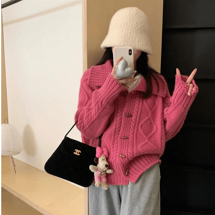 秋冬复古牛角扣麻花毛衣外套女慵懒风polo领针织开衫高级感上衣厚