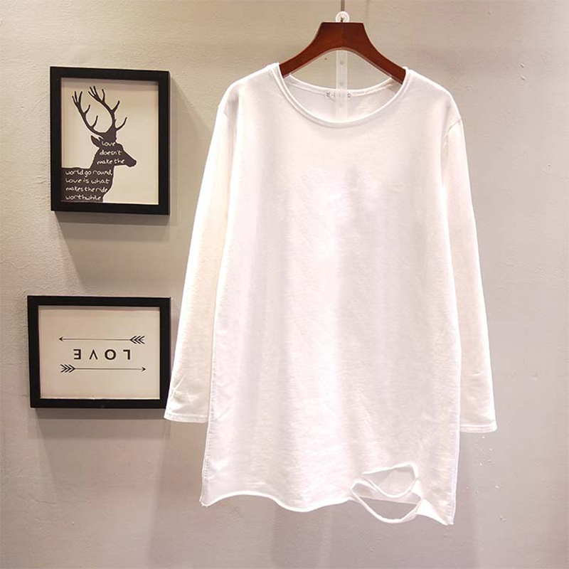 秋冬白色打底衫女内搭洋气中长款遮屁股破洞纯棉长袖t恤加绒上衣