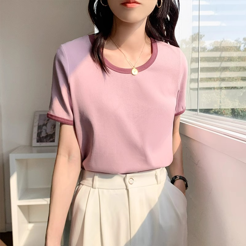 圆领设计感撞色拼接螺纹短袖T恤女春夏新款修身显瘦休闲百搭上衣