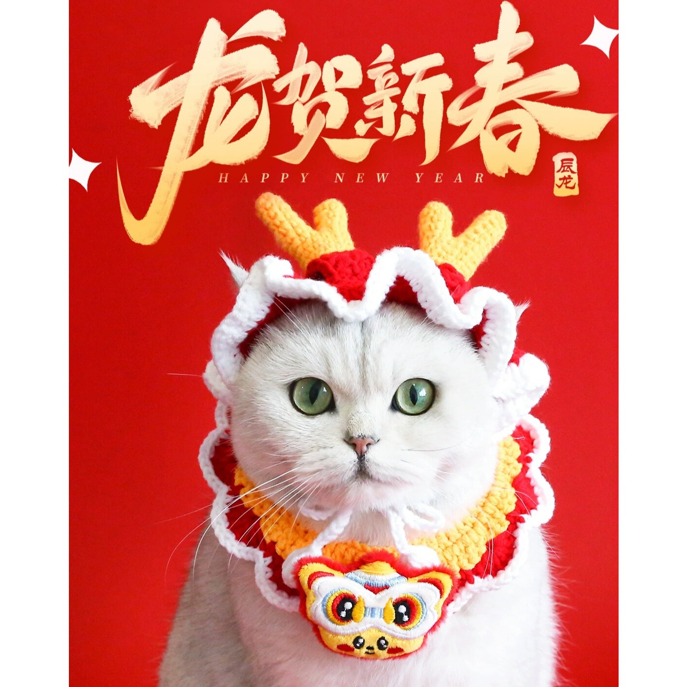 龙年宠物毛线帽手工针织围兜过年喜庆猫咪帽子春节狗狗项圈头套