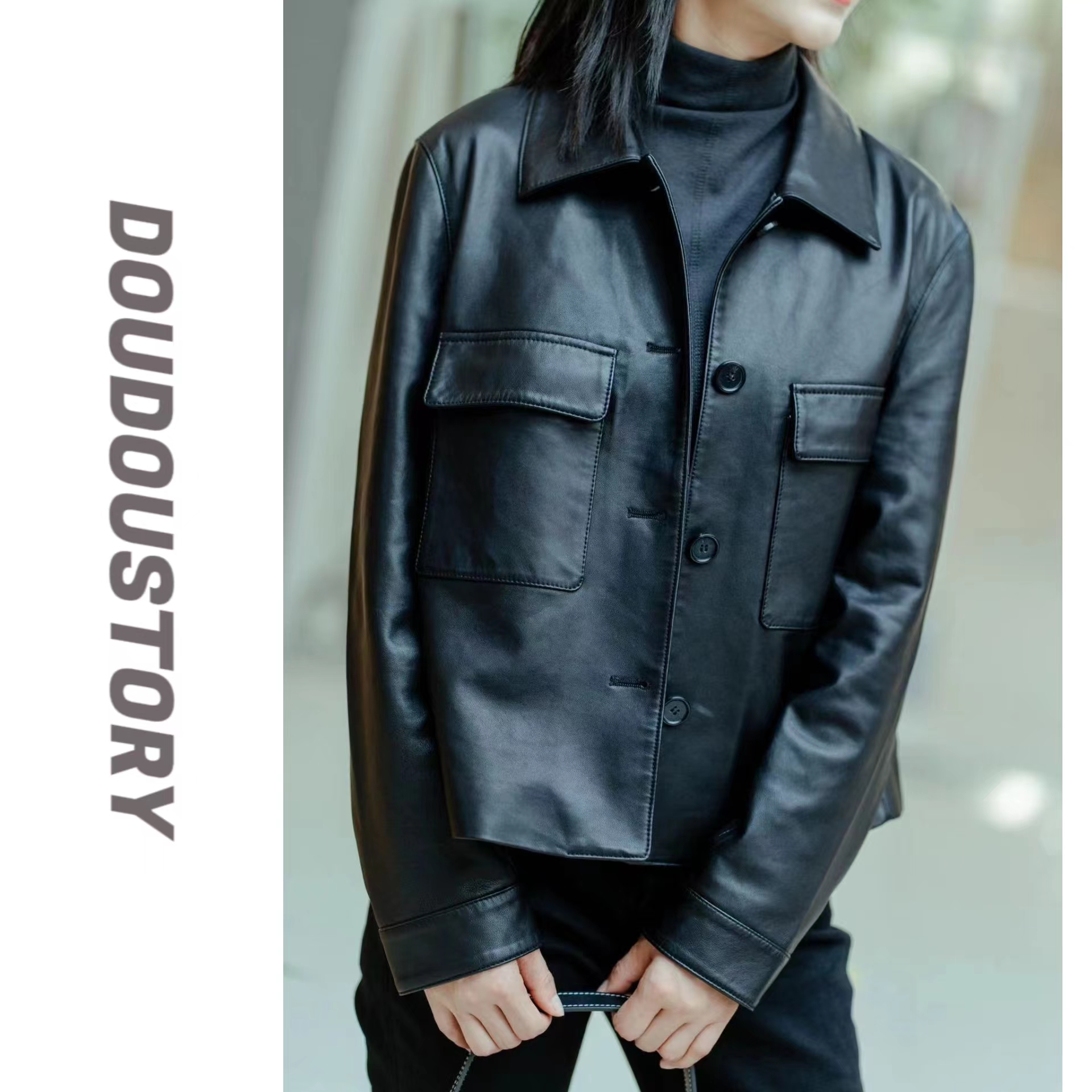 HALUNGLE/海伦格丽   PY213   极简时尚两口袋衬衫领女款皮衣dy