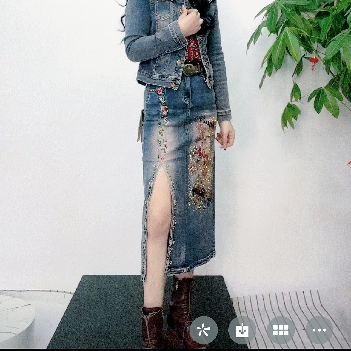 欧版Le重工烫钻刺绣牛仔裙3080时尚半身裙女装气质