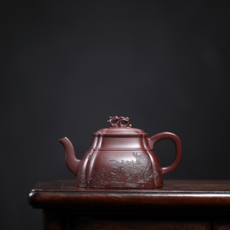 宜兴紫砂壶纯手工电窑烧制手工刻绘原矿紫泥龙血砂筋纹龙尊