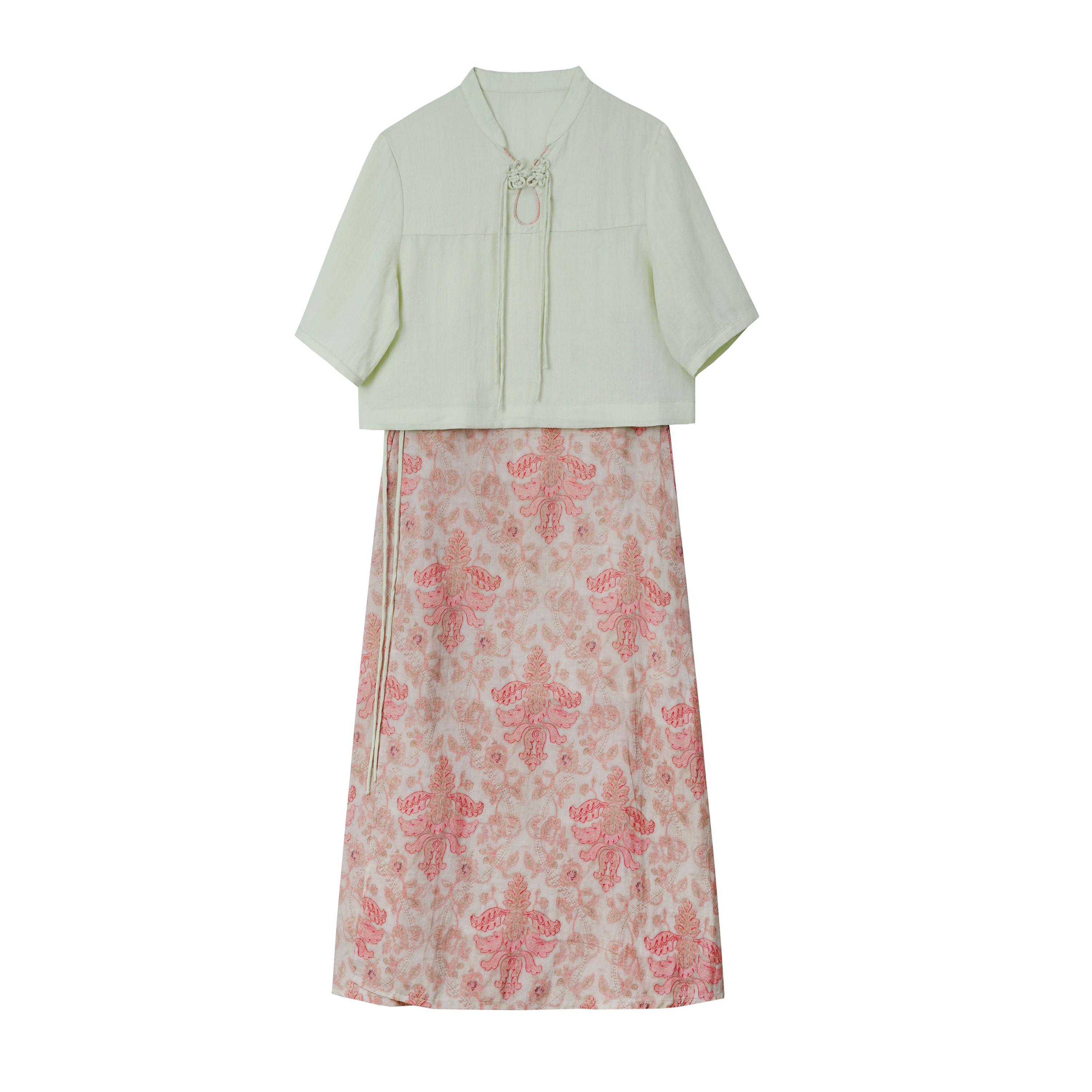 2025扶摇DS6380 气质时尚复古中国风印花圆领碎花中式提花套装