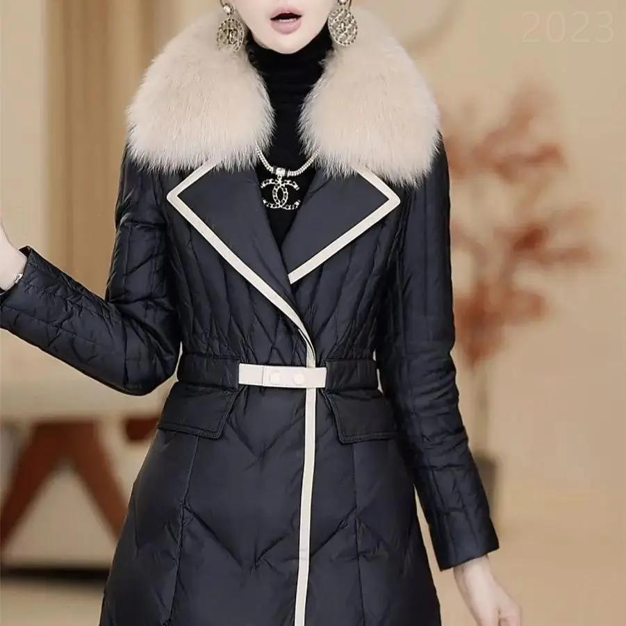 百搭冬季领羽绒服女2023冬显瘦中长款过膝收腰白鸭绒轻奢外套