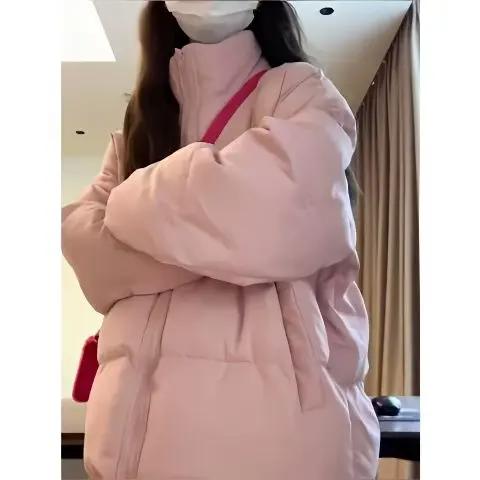 百搭奶呼呼粉色羽服女冬季立领韩版宽松加厚软糯糯夹外套潮小